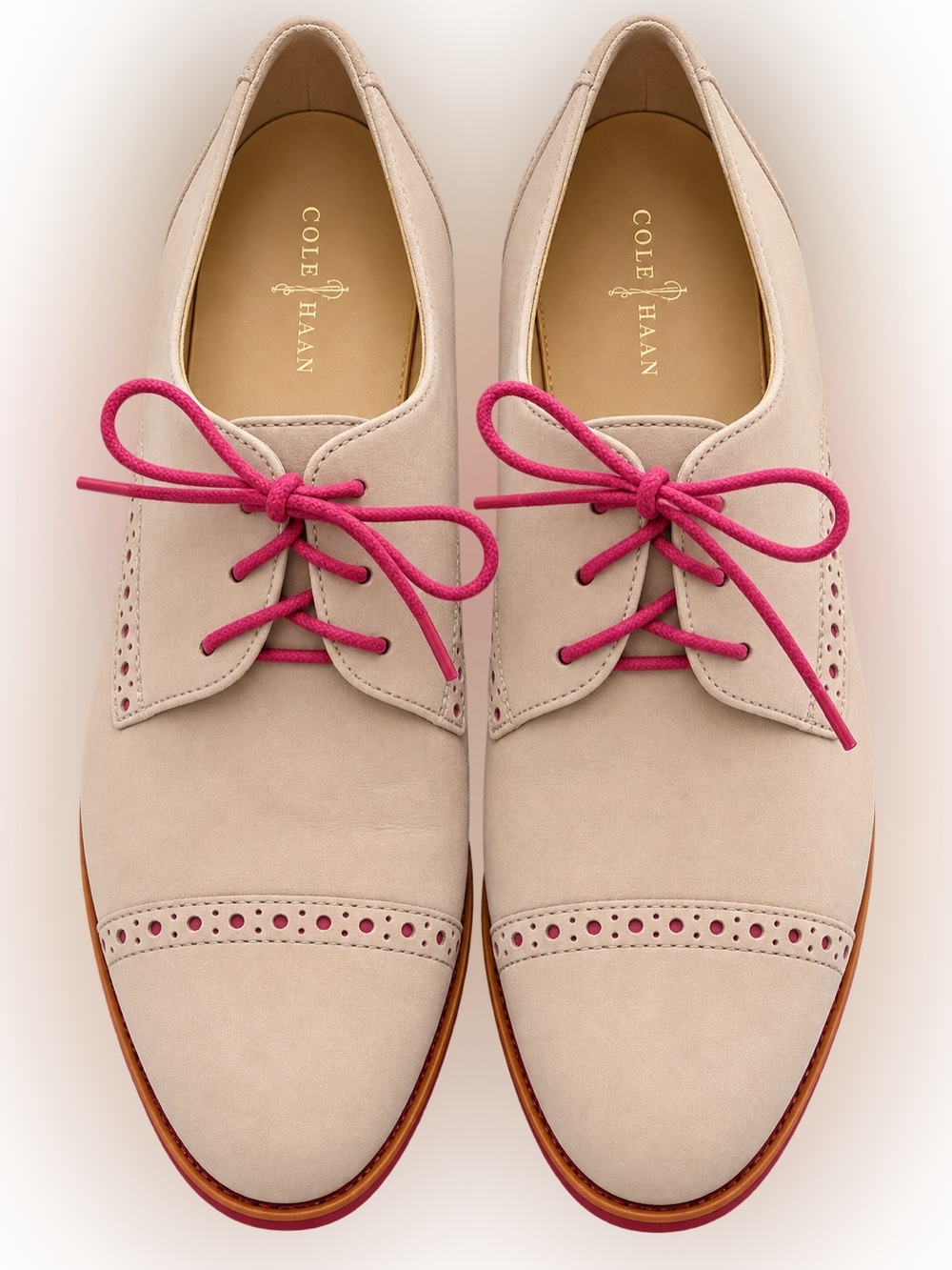 Cole Haan | Gramercy Wingtip Lace Up Oxford Beige Pink Brogue Nubuck Shoes - Picture 2 of 4